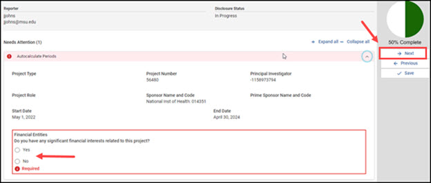 Kuali Conflict of Interest Project Based Disclosure screen Needs Attention section with an arrow pointing to the drop down arrow for Autocalculate Periods.