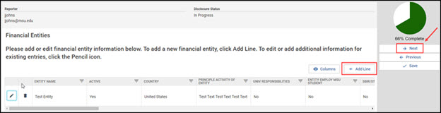 Kuali Conflict of Interest financial entities update screen with red square around the Add Line button and an arrow pointing at the Next button.