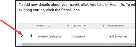 Kuali Conflict of Interest add travel information with arrow pointing to the edit travel information button.