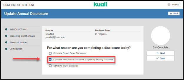 Kuali Conflict of Interest Update Annual Disclosure screen For what reason are you completing a disclosure question with Complete New/Annual Disclosure or Updating Existing Disclosure answer selected.